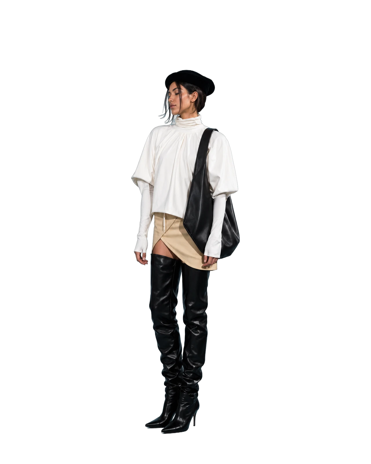 Piece II — Gathered high-neck blouse · curved-hem skirt · Unique
