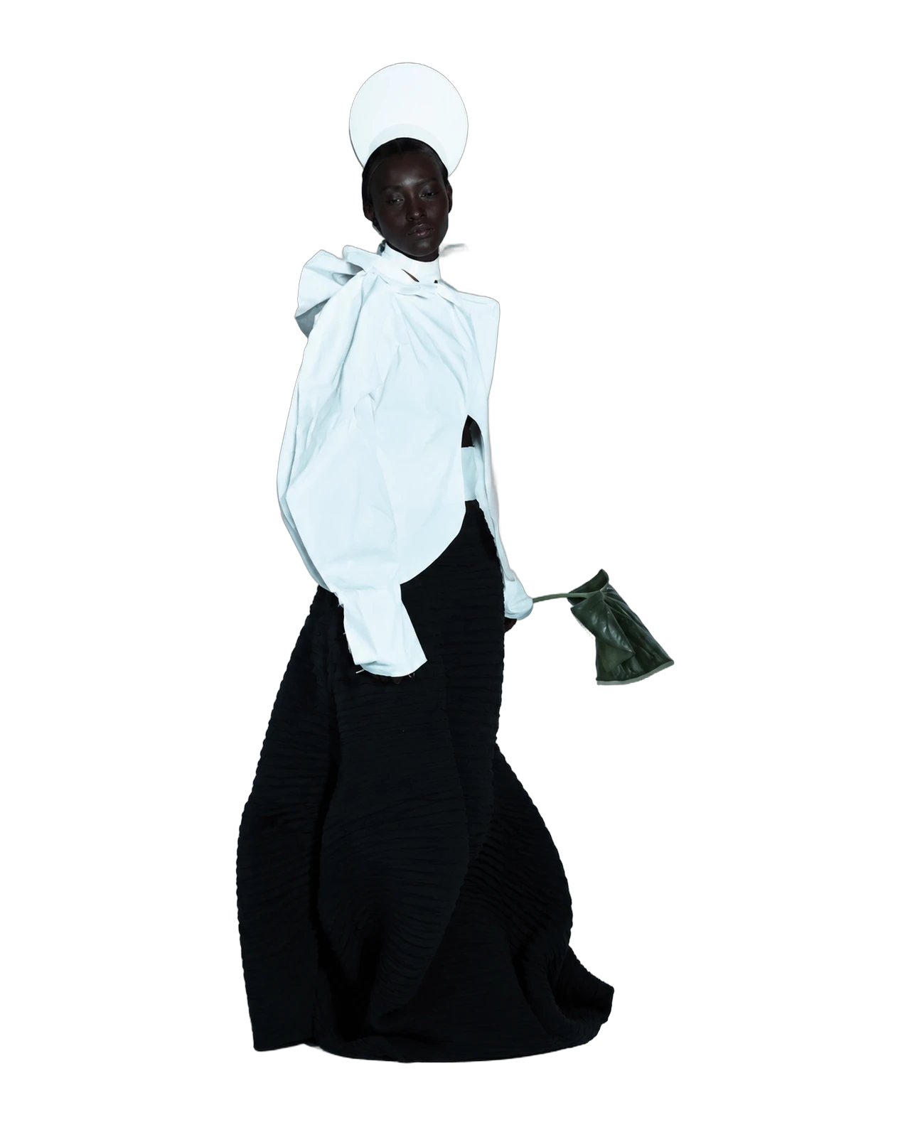 Piece IV — Sculpted shirt · pleated full-length skirt · Unique